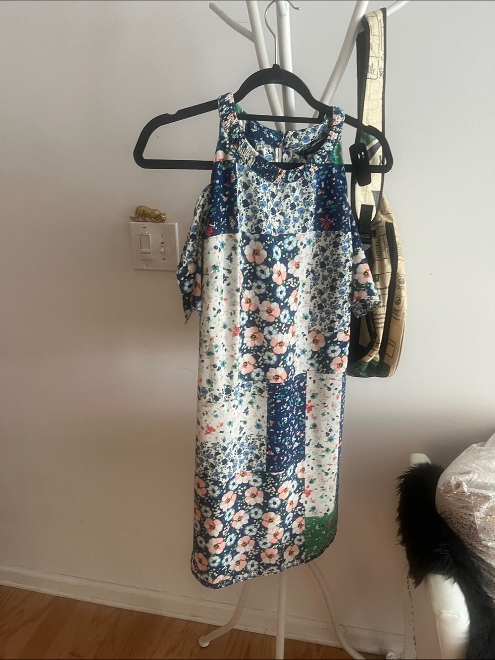 Zara Navy, White and Pink Floral Patchwork Cold-Shoulder Mini Dress